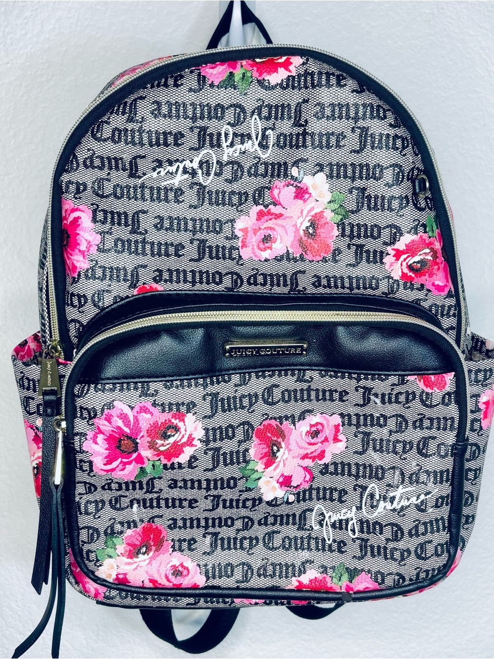 Juicy Couture Black & White Logo pink floral accents Backpack